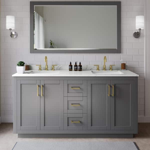 Wyndham Collection Miranda 66 in. W x 22 in. D x 33.75 in. H Double Bath Vanity in Dark Gray with Giotto Quartz Top and 58 in. Mirror