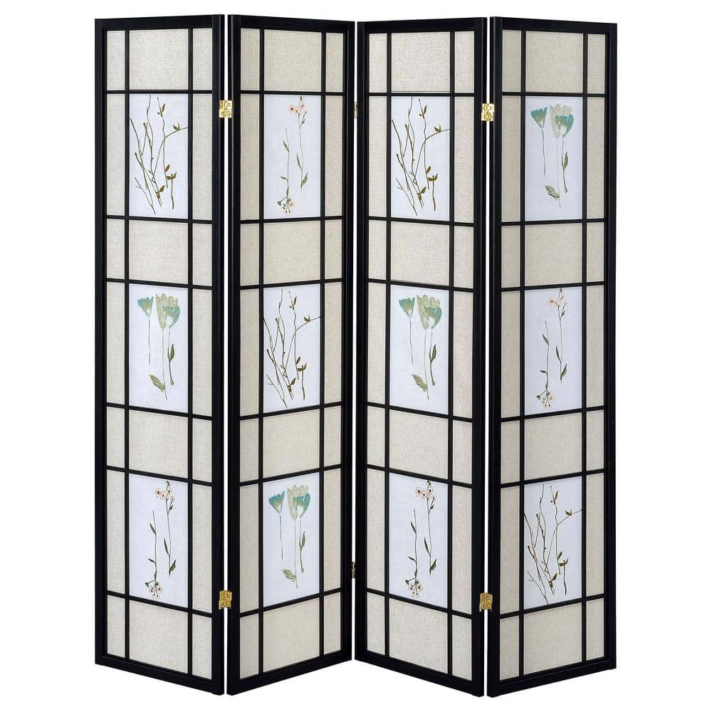 Beige and Black Floral Print 4-Panel Folding Screen