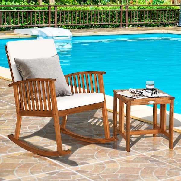 2-Piece Patio Wooden Outdoor Rocking Chair Set Garden with White Cushion