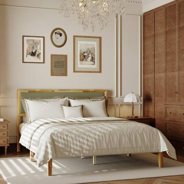 FUFU&GAGA Brown Acacia Wood Frame Queen Panel Bed with Enhanced