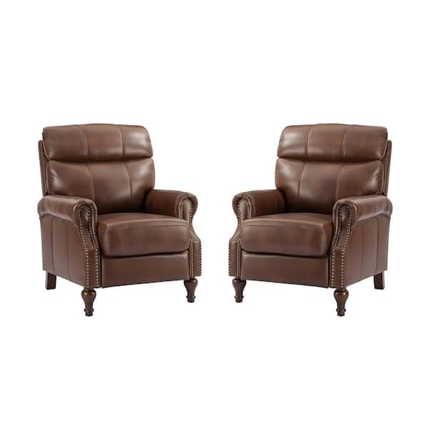 JAYDEN CREATION Calydon Brown Genuine Leather Recliner with Wooden Legs (Set of 2)