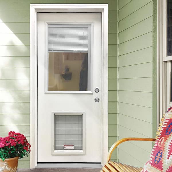 31-3/4 in. x 79 in. Reliant Clear Half Lite Mini-Blind White Primed Fiberglass Front Door Slab with Extra Large Pet Door