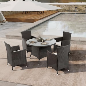 5-Piece Wicker Round Tempered Glass Tabletop Outdoor Dining Set with White Cushions