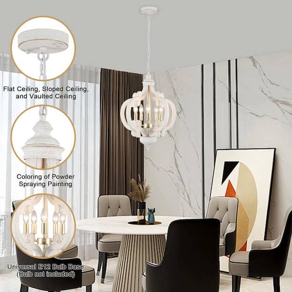 ZJVAIVE 5-Light Vintage Gold/White Wood Dimmable Farmhouse Candle