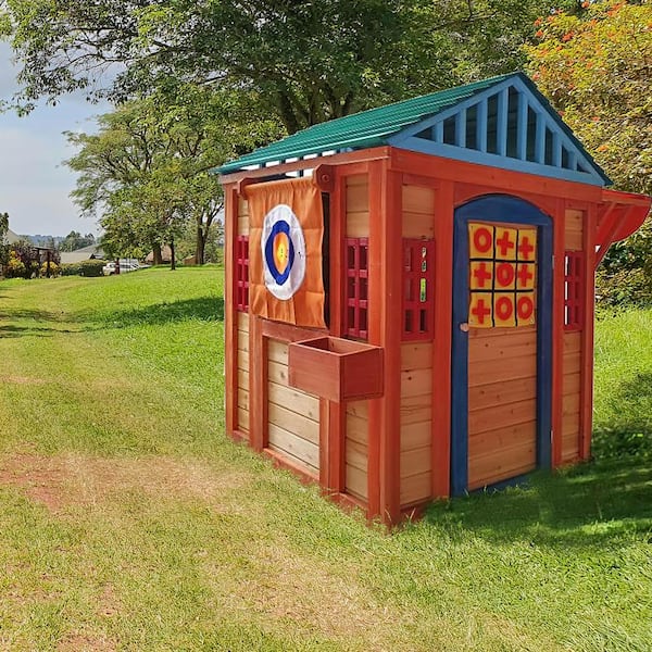 61.4 in. L x 45.98 in. W x 64.17 in. H Outdoor Wooden 4-in-1 Game House for kids Garden playhouse with different games