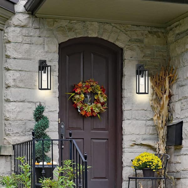 18 in. 1-Light Matte Black Outdoor Wall Lantern Sconce with Clear Glass Shade (2-Pack)