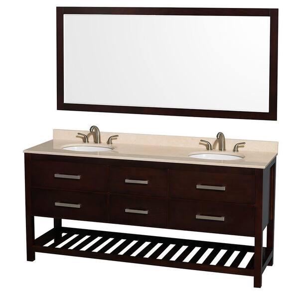 Wyndham Collection Natalie 72 in. Double Vanity in Espresso with Marble Vanity Top in Ivory, Under-Mount Oval Sinks and 70 in. Mirror