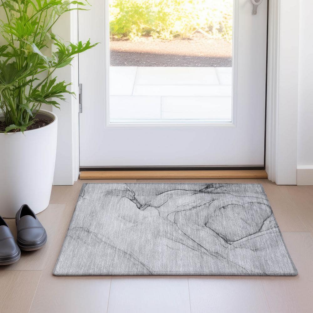 Gray Flat Woven Synthetic Rectangular Washable Rug