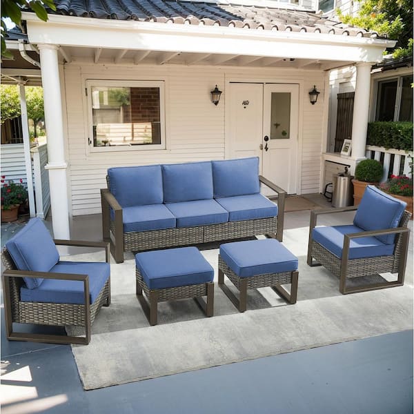 Gymojoy Allcot Gray 5-Piece Wicker Patio Conversation Set with Blue Cushions
