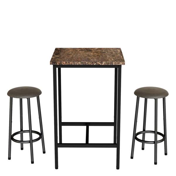 mieres 3-Piece Square Counter Height Table Bistro Dining Faux Marble Top Brown Table and 2-Faux Leather Stools Set