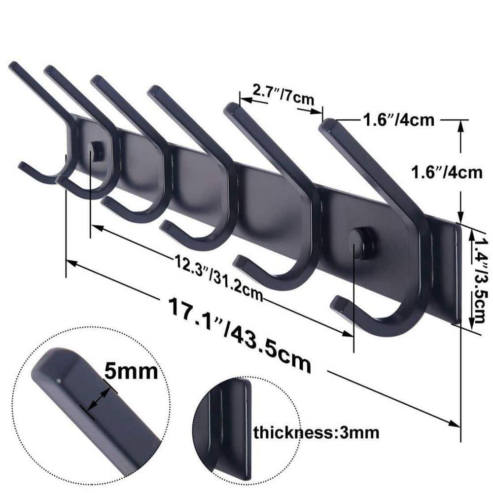 Black 17-Inch Heavy Duty Wall Mounted Coat Rack with 6 Hooks