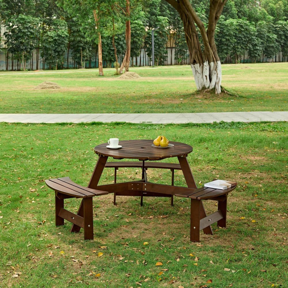 63 in. Brown 6 person Round Wood Picnic Table with 3 Built-in