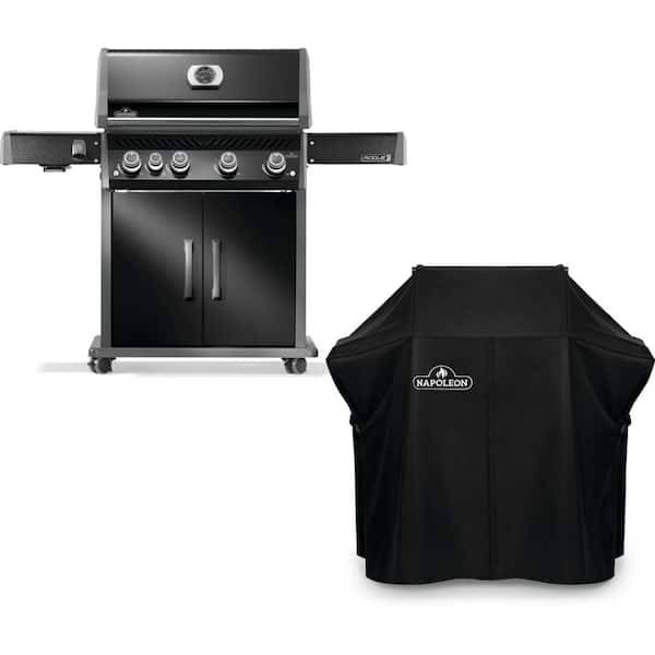 Rogue PRO 525 4-Burner Propane Gas Grill with Infrared Side Burner in Black with Grill Cover
