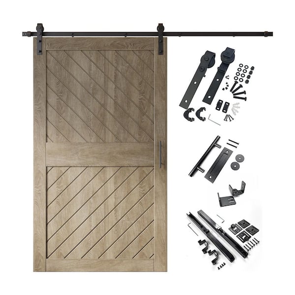 XT4 48 in. x 84 in. C-Panel Classic Gray Slanted Stripe Design Solid Pine Wood Sliding Barn Door with Hardware Kit