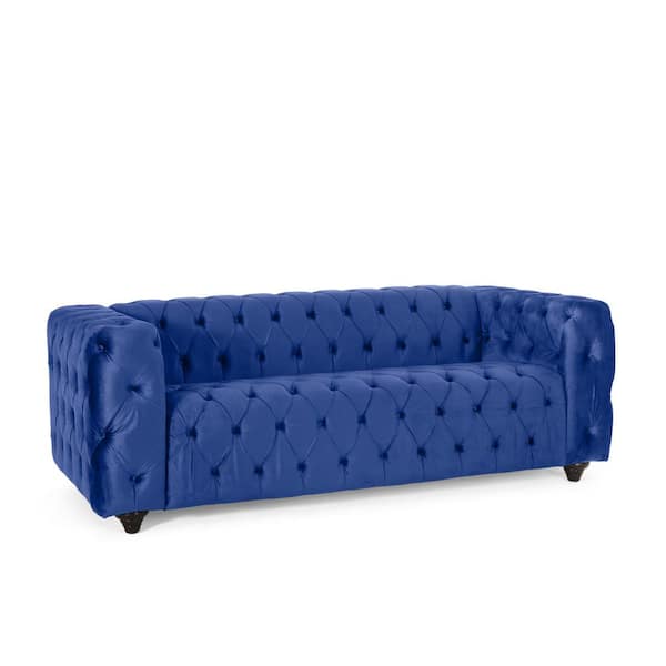 Noble House Feichko 83.5 in. Wide Navy Blue and Espresso 3-Seat Square Arm Polyester Straight Velvet Sofa