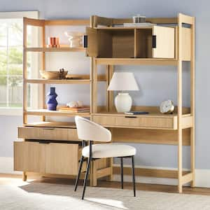 Transitional Coastal Oak Reeded 38 in. Hutch Desk with Wide Modern Bookcase (2-Piece)