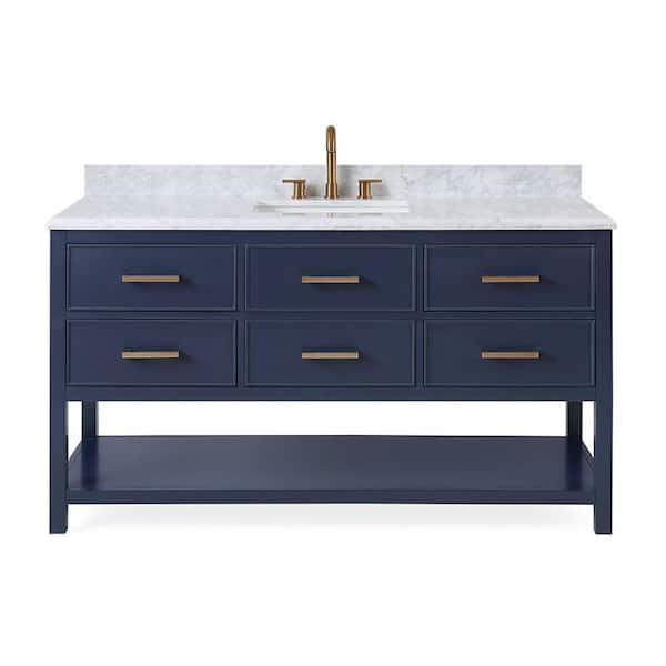 Benton Collection Aruzza 60 in. W x 23 in D. x 35 in. H Bath Vanity in Navy Blue with White porcelain Sink and Carrara Marble Top