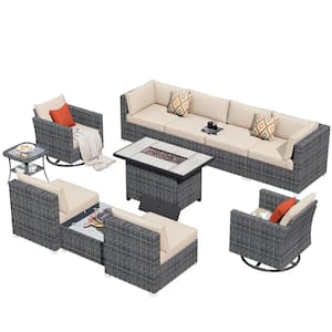 Messi Grey 11-Piece Wicker Outdoor Patio Fire Pit Conversation Sofa Set with Swivel Rocking Chairs and Beige Cushions