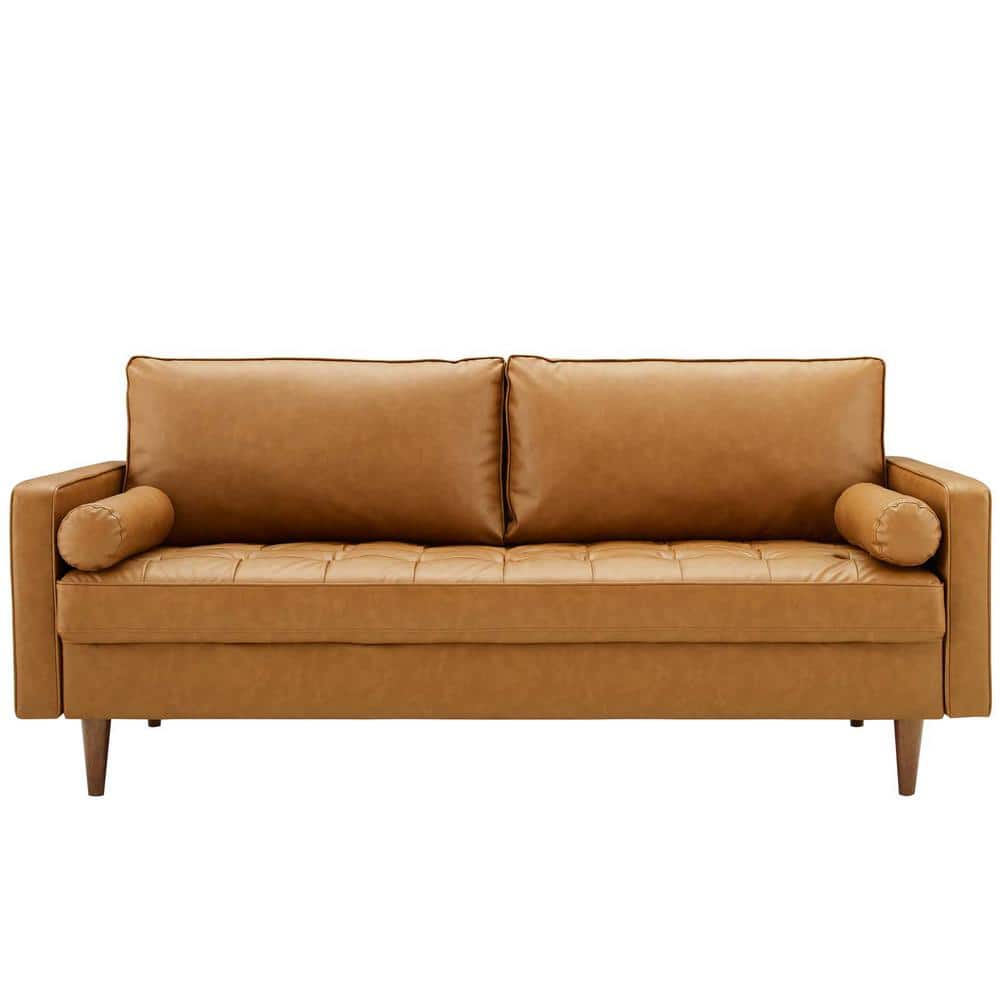 Brown Tufted Faux Leather Sofa with Walnut Wood Legs