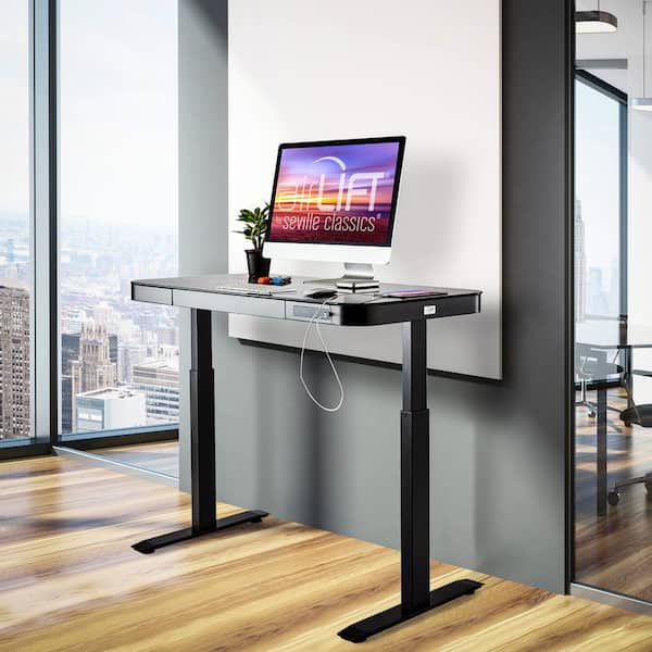 Seville Classics airLIFT 47.5 in. Black 1-Drawer Tempered Glass Height Adjustable Electric Standing Desk with Dual USB Charging Ports