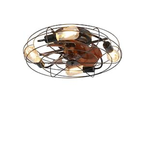 20 in. 4-Light indoor Wood Grain Farmhouse Caged Low Profile Ceiling Fan Flush Mount Remote Control with Bulbs Included