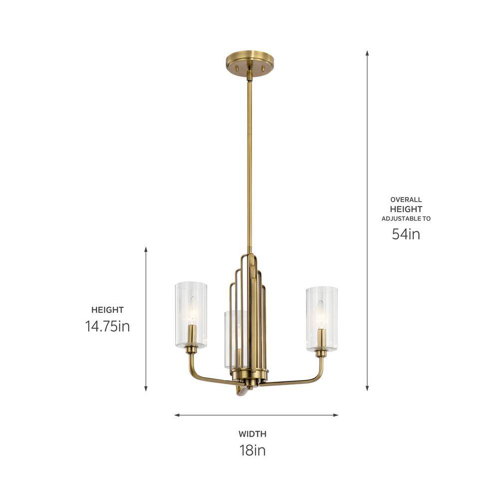 Art Deco Brushed Brass 3-Light Chandelier with Clear Fluted Shades