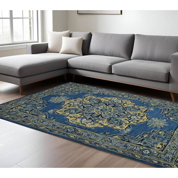 8 ft. x 10 ft. Teal And Gray Wool Medallion Hand Tufted Area Rug