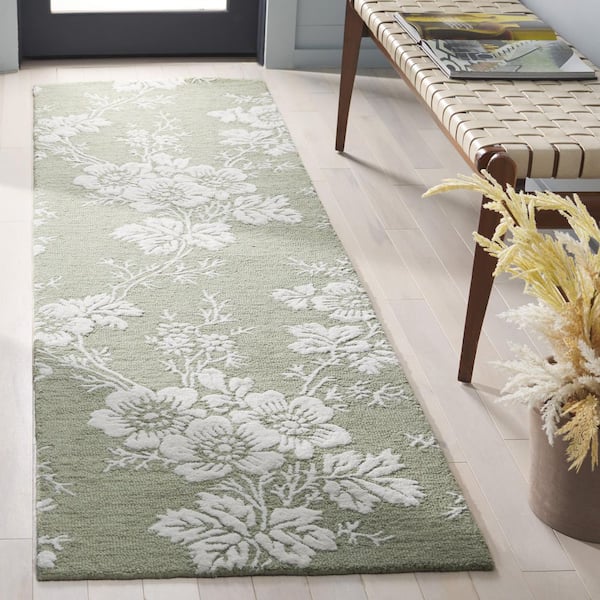 Glamour 2 ft. x 8 ft. Sage/Ivory Solid Floral Runner Rug