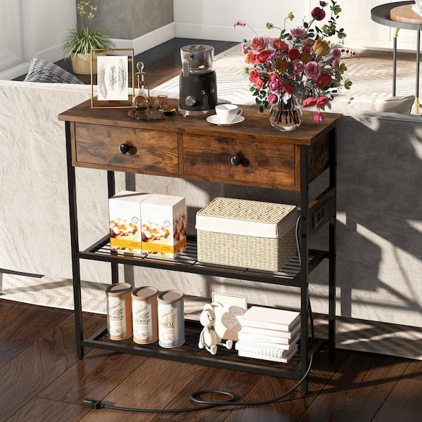 Costway Entryway Table with Charging Station Narrow Console Table with 2  Drawers Brown