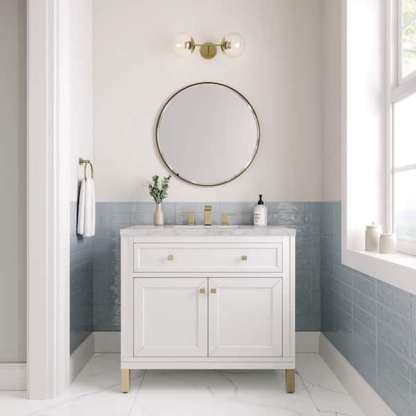 James Martin Vanities Chicago 36.0 in. W x 23.5 in. D x 33.76 in. H Single Bath Vanity in Glossy White with Quartz Victorian Silver Top