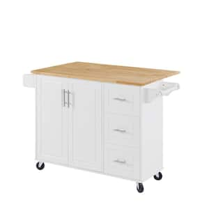 Rolling White Drop Leaf Wood Tabletop 54 in. Kitchen Island with Drawers