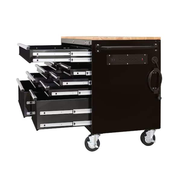 52 in. W x 25 in. D Standard Duty 9-Drawer Mobile Workbench Tool Chest with Solid Wood Top in Gloss Black