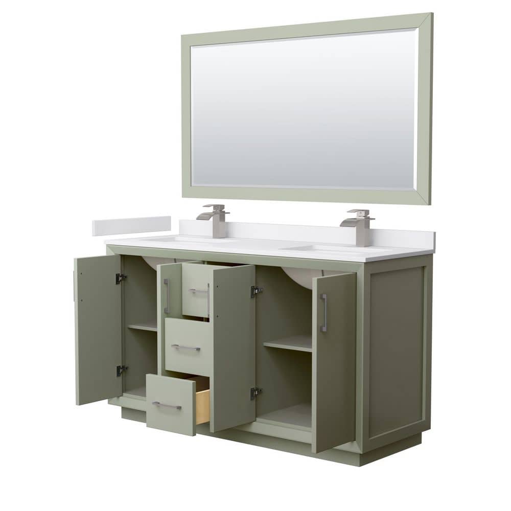 Strada 60" Light Green Double Bathroom Vanity with White Marble Countertop
