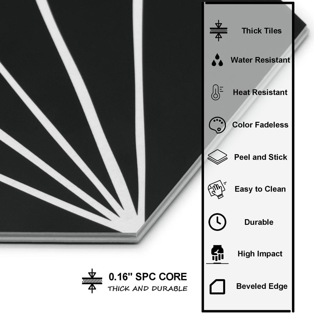 Black and White Hexagon Peel and Stick Vinyl Floor Tiles