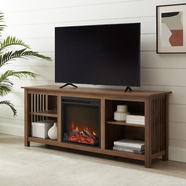 Walker Edison Furniture Company 58 in. Rustic Oak Wood Mission Electric Fireplace TV Stand Fits TVs up to 65 in. with Adjustable Shelves