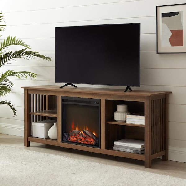 Welwick Designs 58 in. Rustic Oak Wood Mission Electric Fireplace TV Stand Fits TVs up to 65 in. with Adjustable Shelves