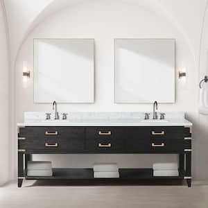 Irvington 84 in W x 22 in D Black Oak Double Bath Vanity, Carrara Marble Top, and Faucet Set