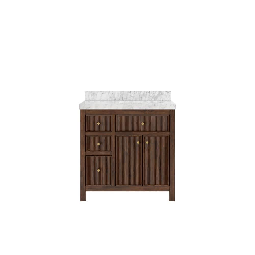 Sonoma Teak 36 in. Right Offset Sink Freestanding Dark Walnut Bath Vanity with Carrara Marble Top Unassembled price history on PriceWatchPro