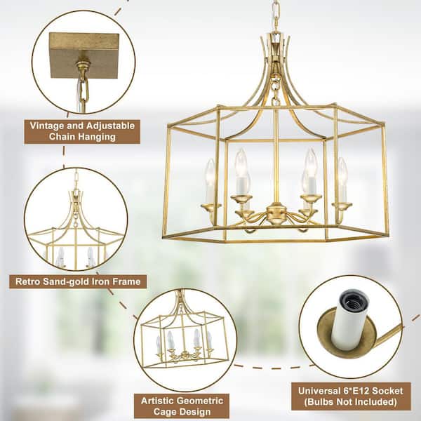 MENCOLULU 22.24 in. 6-Light Vintage Gold Geometric Cage Chandelier