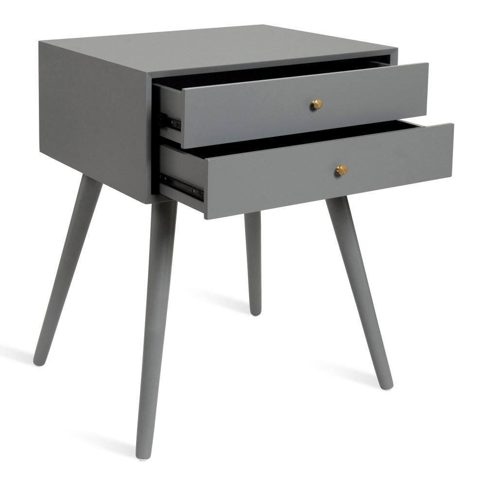 Gray Wooden Midcentury Modern Side Table with Storage Drawers