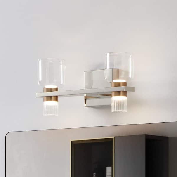 Amelia 15-inch 4-light Polished Nickel and Champagne Gold 5CCT LED Vanity Light with Clear and Clear Ribbed Glass