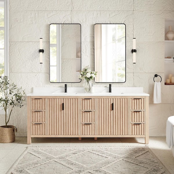 Shenzhen 84 in.W x 22 in.D x 33.9 in.D Double Bath Vanity in Aged Natural Oak with White Engineered Stone Top
