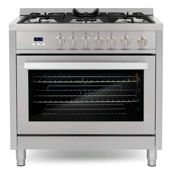 Cosmo 36 in. 3.8 cu. ft. Single Oven Gas Range with 5 Burner Cooktop and Heavy Duty Cast Iron Grates in Stainless Steel
