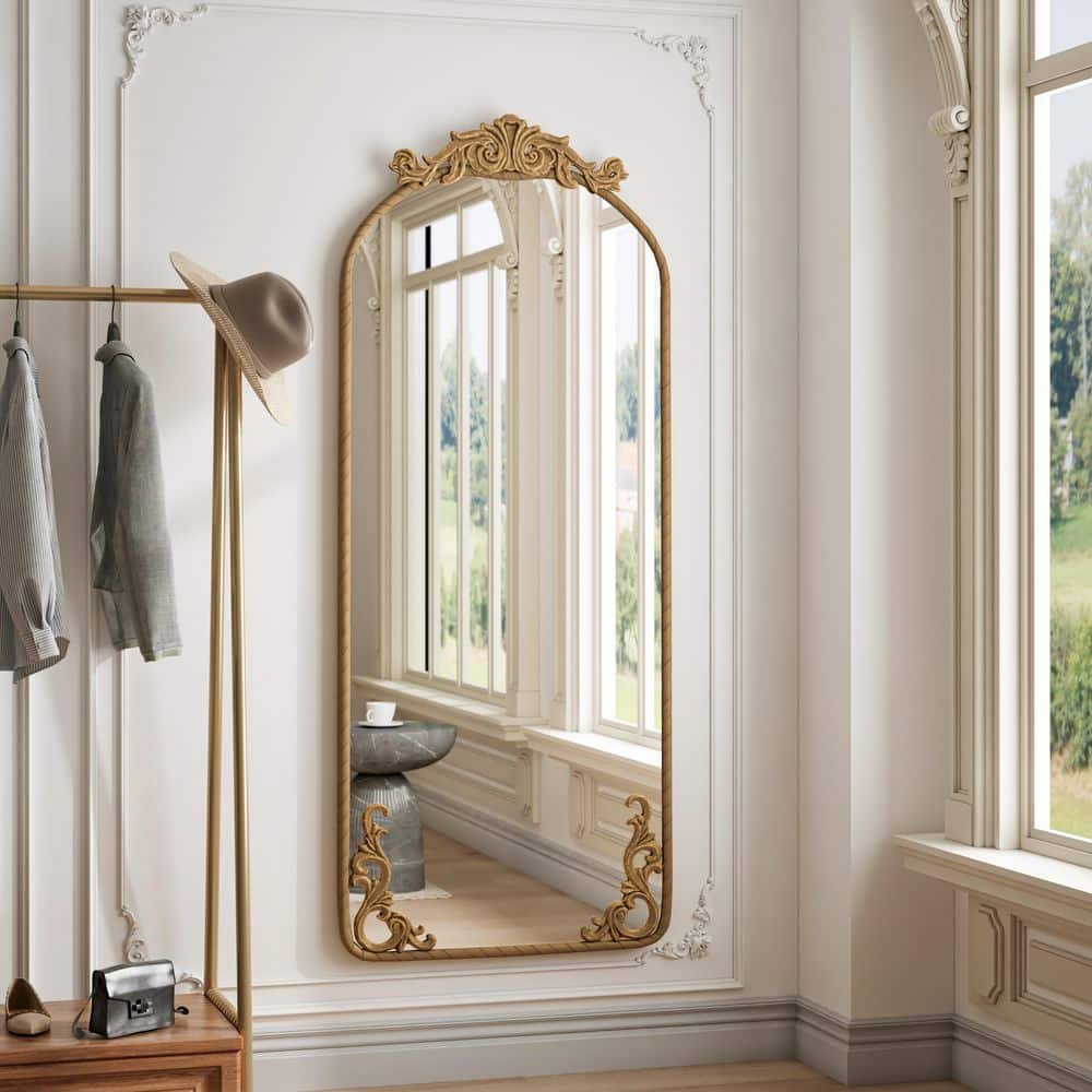 Seafuloy 58 in. W x 24 in. H Bronze Arched Full Body Mirror with Vintage Applique, Wall Mounted Mirror for Bedroom Living Room JM-jz-T1