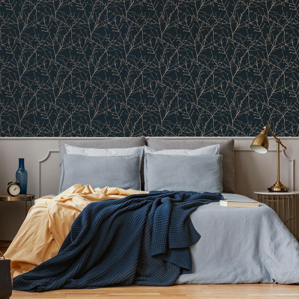 Navy and Copper Foil Floral Wallpaper
