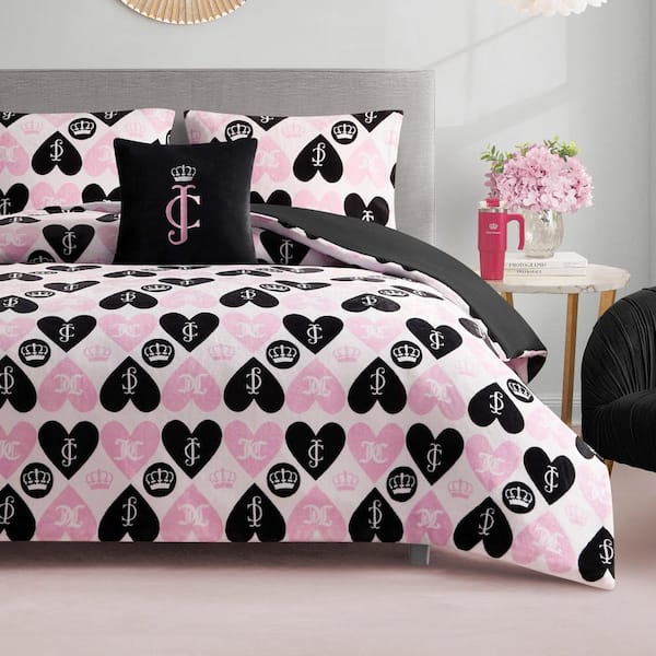 Plush Queen Heart Logo Reversible 4-Piece Pink/Black Graphic Microfiber Full/Queen Comforter Set