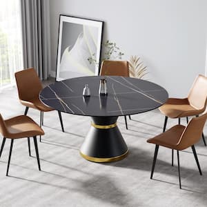 59.05 in. Circular Sintered Stone Tabletop Kitchen Dining Table with Black Metal Pedestal Base (Seats 6)