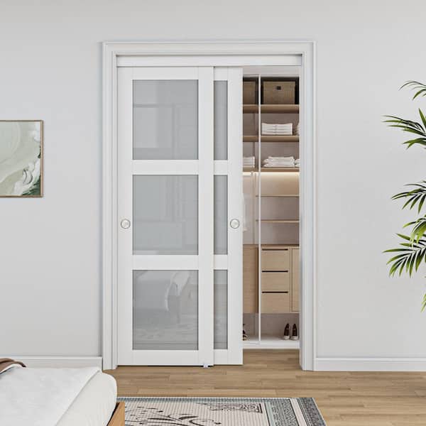 48 in. x 80 in. 3-Lites Tempered Frosted Glass MDF Closet Sliding Door with Hardware Kit