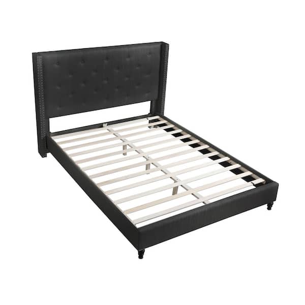 London Black Full Upholstered Linen Blend Wingback Platform Bed
