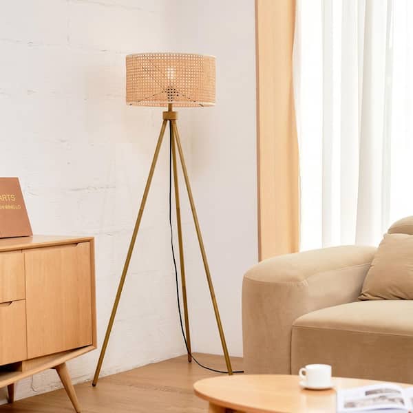 60 in. Faux Wood Floor Lamp with Rattan Shade and Tripod Base, On/Off Rotary Switch on Socket